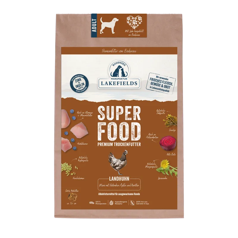 Lakefields SUPERFOOD Premium Landhuhn Komplettmenü – Getreidefrei Trockenfutter für Hunde
